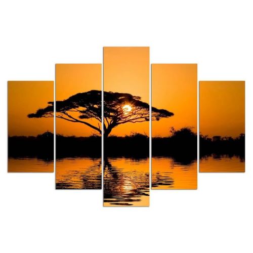 HOMEMANIA Set 5 Tableau 5 pz Savane - Paysage au Coucher de Soleil - pour Séjour, Chambre - en MDF, 108 x 70 cm