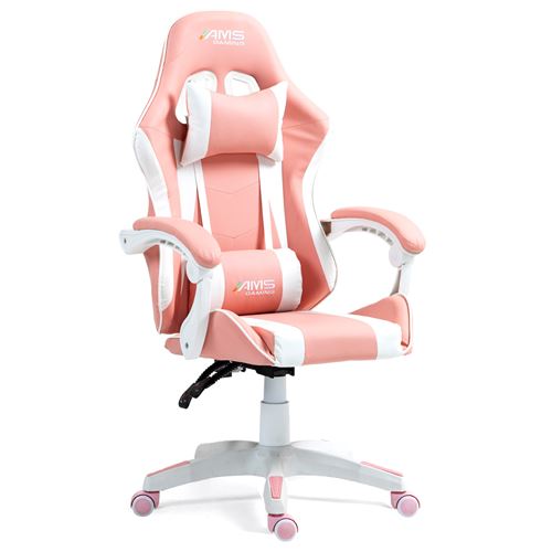 Chaise ams-gaming gamer#02-pink coloris noir & rose - coussin lombaire & appuie t&ecirc;te - si&egrave;ge gaming 