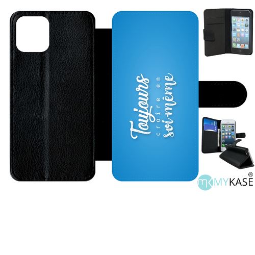 Etui My-Kase pour iPhone 11 Pro - toujours croire en sois meme fond bleu turquoise - Simili-cuir Noir