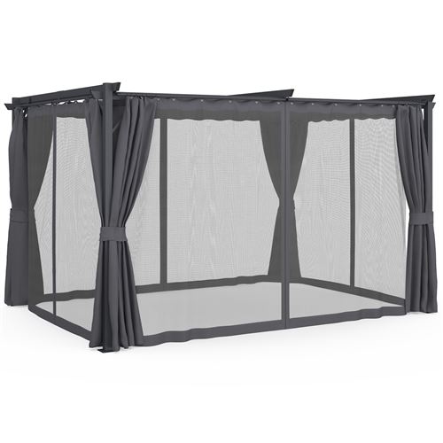 Pergola édition intégrale moustiquaire toit rétractable 3x4M et 4 rideaux gris