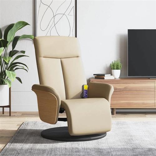 Fauteuil inclinable de massage avec repose-pieds cr&egrave;me tissu 