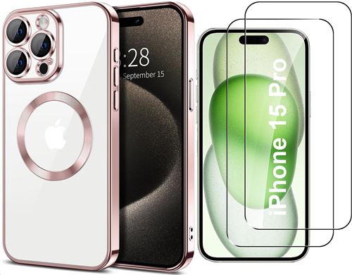 Coque Silicone Pour iPhone 15 Pro Couleur Rose Compatible Magsafe + 2 Verres Trempe Protection Ecran Little Boutik®