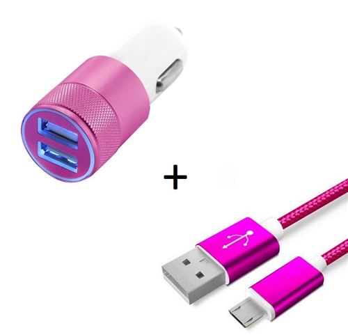 Pack Chargeur Voiture Pour Wiko Rainbow Up Smartphone Micro-usb (cable Metal Nylon + Double Adaptateur Allume Cigare) Android (rose)