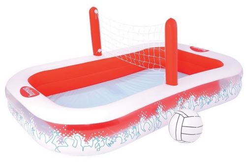 Grande piscine rouge et blanche avec terrain de volley - 254x168x97cm (lxlxh)