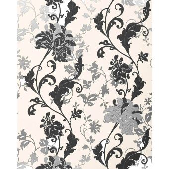 Papier Peint Floral Edem 833 20 Dessin Précieux Fleurs Et Feuilles Noir Blanc Argent Crème 70 Cm