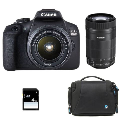 EOS 2000D + 18-55 IS II + 55-250 IS + Sac + SD 4Go