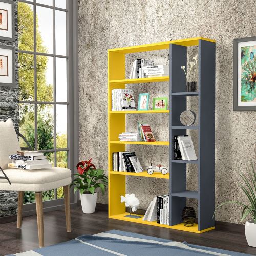 HOMEMANIA Bibliothèque Nova avec Étagères, Meuble de Rangement - pour Salon, Bureau - Jaune, Anthracite en Bois, 98,6 x 22 x 150 cm