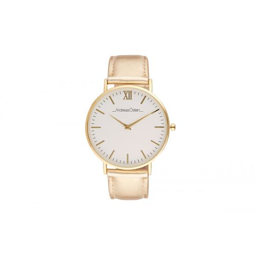 Montre Femme Andreas Osten Cadran 40mm En Acier Blanc Et Bracelet Doré En Cuir AO-188