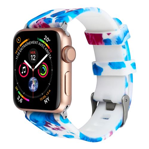 Bracelet Apple Watch 42 et 44 mm Motifs Fleuris en Silicone - Blanc et Bleu