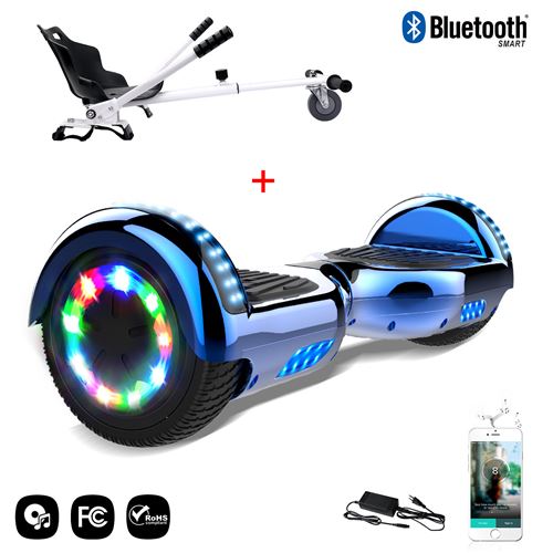 Cool&Fun Hoverboard 6.5 Pouces, Gyropode avec Bluetooth et Pneu à LED de couleur Bleu Chromé + Hoverkart Blanc - Kit Kart