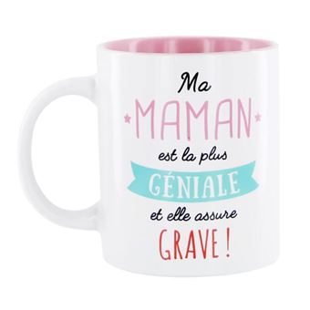 Mug maman géniale - D 8 x H 9,5 cm - Blanc et rose