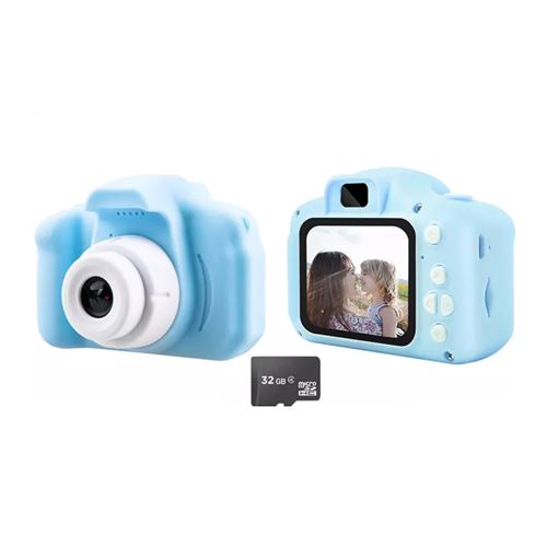 Appareil photo pour enfants bleu avec carte mémoire de 32 Go