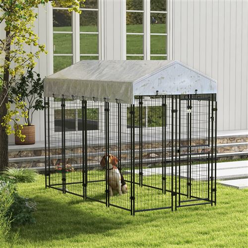 PAWHUT Chenil extérieur pour chien - cage chien - enclos chien - toile toit  imperméable anti-UV, porte verrouillable, 2 bols rotatifs - acier noir  oxford pourpre pas cher 