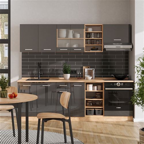 Vicco Cuisine Rline, 300 Cm Sans Plan De Travail, Anthracite Brillant/chêne Doré