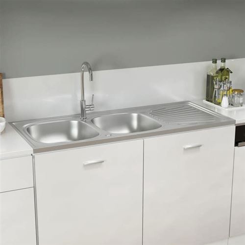 Evier de cuisine &agrave; double lavabo argent&eacute; 1200x500x155 mm inox