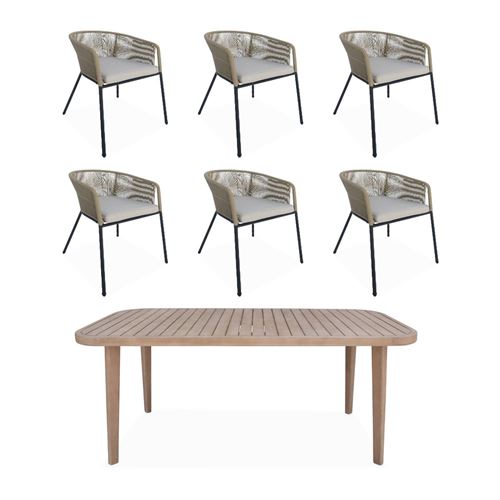 Sweeek Table de jardin en bois d'eucalyptus intérieur / extérieur + 6 fauteuils en corde beige et métal