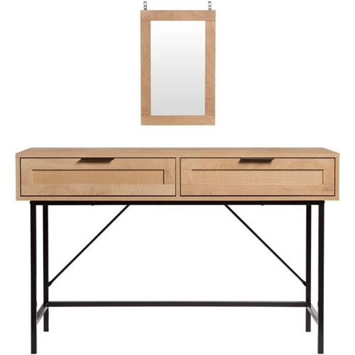 Coiffeuse 2 tiroirs avec miroir - En panneaux de particules avec piétement en métal noir - RUSSELL