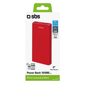 Batterie externe fast charge de 10000 mAh 2 USB Rouge - SBS