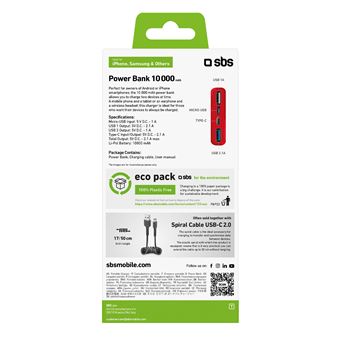 Batterie externe fast charge de 10000 mAh 2 USB Rouge - SBS
