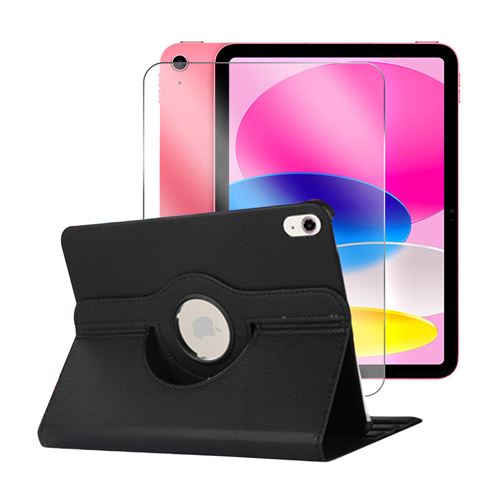 Etui rotatif en simili cuir + verre tremp&eacute; pour ipad 10 2022 - noir