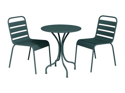 Salle à manger de jardin en métal - une table D.60cm et 2 chaises empilables - Vert sapin - MIRMANDE de MYLIA