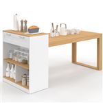 Ilot central avec table à manger GARY blanc plateau bois 190x80x90 cm 5 personnes