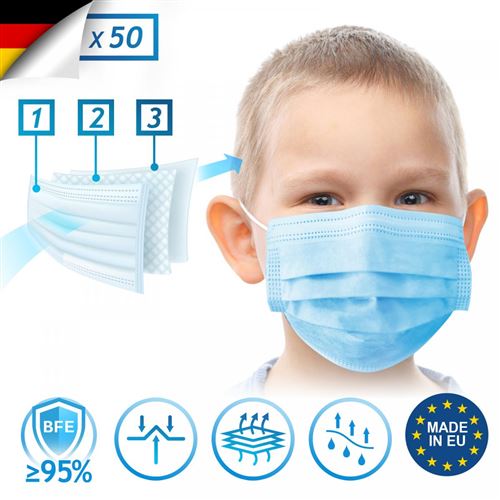 Virshields® Masque Chirurgical pour Enfant - Type I, BFE 95 %, DIN EN 14683, Made in EU, 50 Pièces, 3 Couches, Bleu - Masque Jetable, Protection Facia