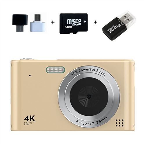 Appareil photo numérique LINFE 64G CCD kids avec zoom 16x Écran 2,4 pouces, qualité HD, résolution 4K Appareil photo numérique - Or