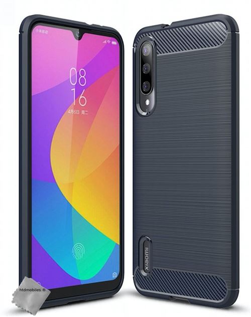 Housse etui coque silicone gel carbone pour Xiaomi Mi 9 Lite avec verre trempe - BLEU FONCE