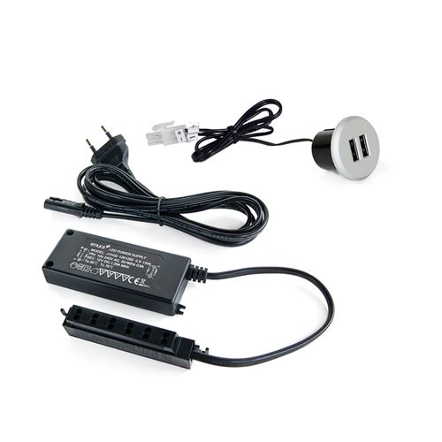 Emuca Connecteur rond, à encastrer au meuble, 2 ports USB, D. 37 mm, Plastique, Gris métallisé