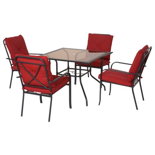 Ensemble de jardin 4 pers. coussins déhoussables fournis table plateau verre trempé 5 mm métal époxy noir polyester rouge