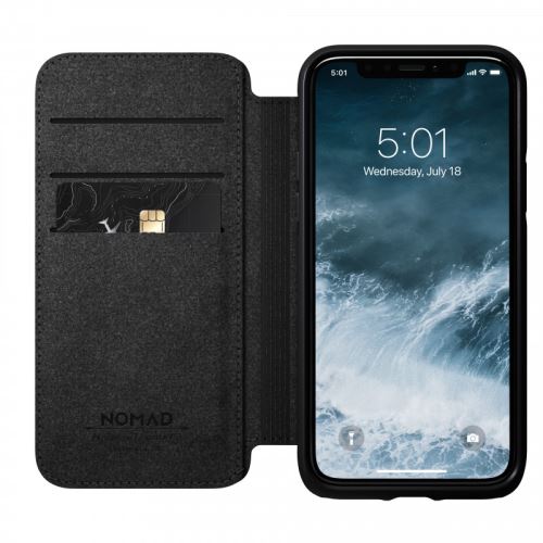 Nomad Rugged Folio - Flip cover voor mobiele telefoon - polycarbonaat, thermoplastic elastomeer (TPE), Horween-leer - zwart