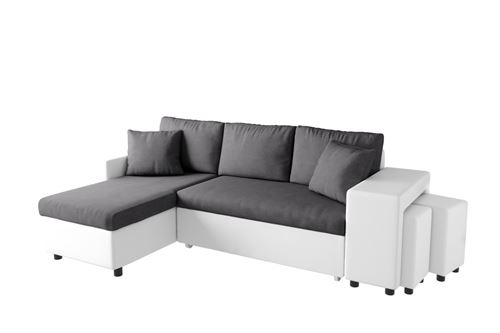 canapé d'angle oslo convertible gris/blanc avec coffre et poufs