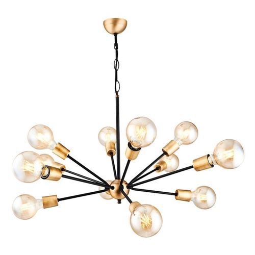 HOMEMANIA Lampe à Suspension Tubo Chandelier - de Plafond - Noir, Or en Métal, 55 x 55 x 120 cm, 12 x E27, 40W
