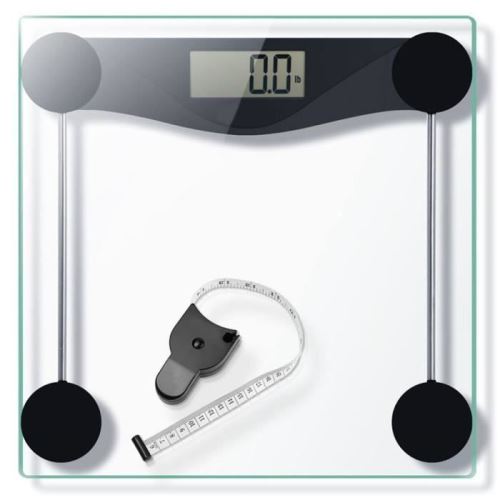 Pèse-personne Numérique 180kg/400lb en Verre, Haute Précision Balance de Salle De Bain Avec Ruban à Mesurer, Etape-on/Arrêt-auto