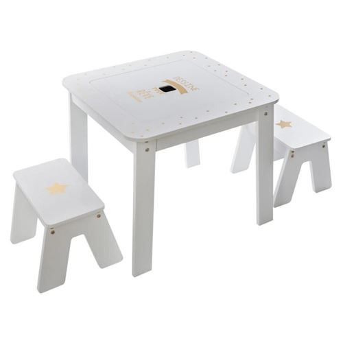 Table bac enfant + 2 tabourets - Blanc et doré- L 57 x P 57 x H 51 cm