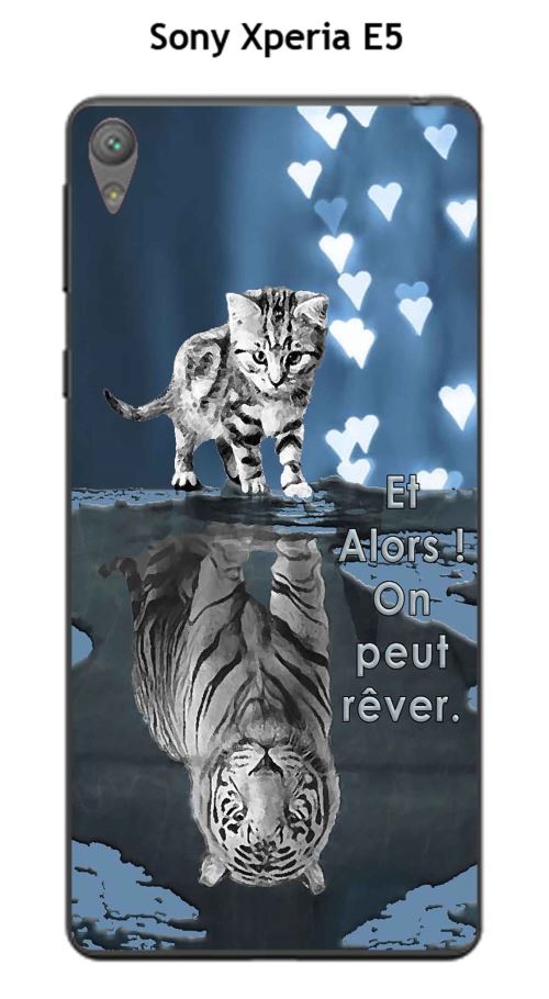 Coque TPU gel souple Sony Xperia E5 design Chat Tigre Blanc fond bleu noir Et Alors !