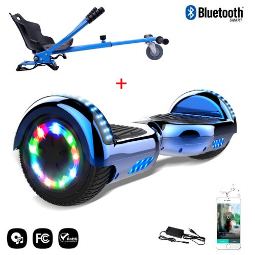 Cool&Fun Hoverboard 6.5 Pouces, Gyropode avec Bluetooth et Pneu à LED de couleur Bleu Chromé + Hoverkart Bleu - Kit Kart