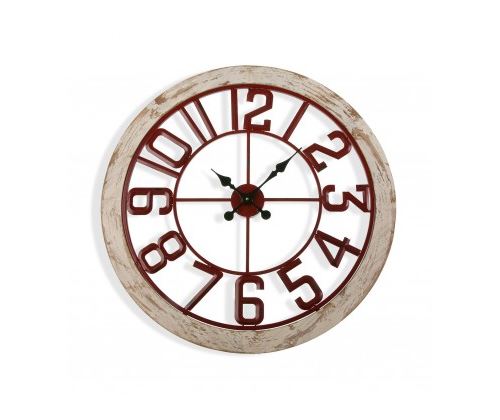 Horloge Murale Ronde Vintage en Métal Rouge et Bois Blanchi
