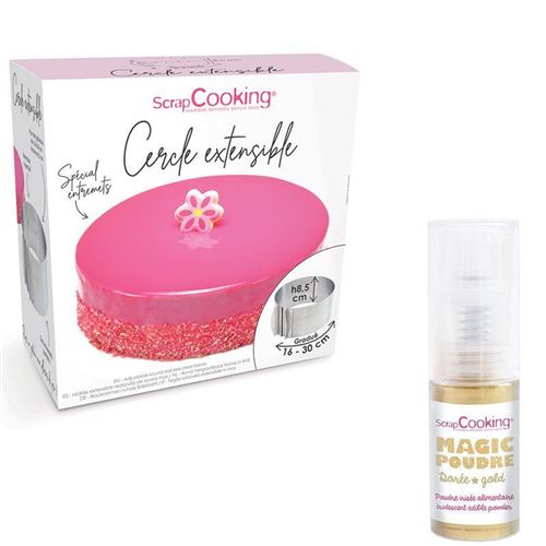 Cadre à pâtisserie extensible rond + 1 poudre alimentaire irisée dorée - ScrapCooking