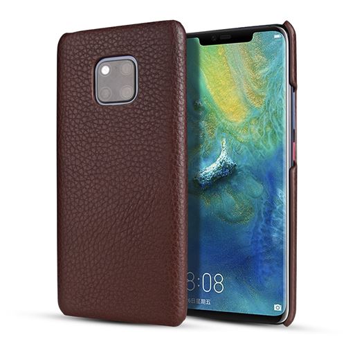 Etui en cuir véritable couche supérieure enduite de litchi café pour votre Huawei Mate 20 Pro