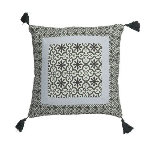 DEKO & CO - Coussin déhoussable - Botanique - 40x40cm - 4 pompons - Vert