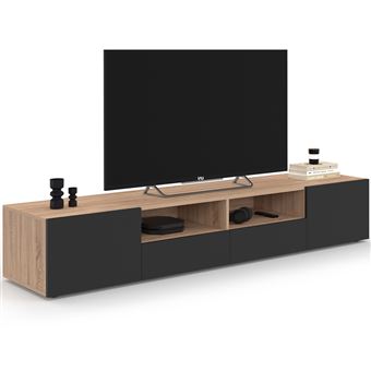 Meuble TV 180 cm ELI bois façon hêtre portes noires - 1