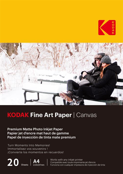 KODAK - 20 feuilles de papier photo 230g/m², mat, Format A4 (21x29,7cm), Impression Jet d'encre effet toile - 9891090