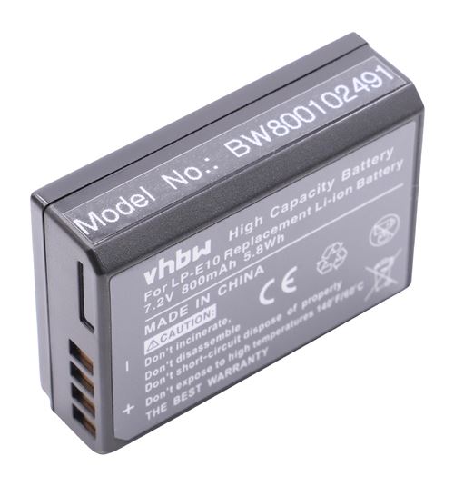 vhbw Batterie compatible avec Canon EOS Rebel T3, Rebel T5 appareil photo, reflex numérique (800mAh, 7,2V, Li-ion) - Remplacement pour Canon LP-E10