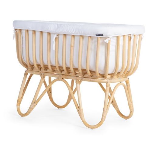 Childhome Berceau en rotin rectangulaire + bordure en jersey écru + matelas