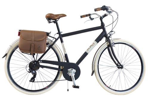  V&eacute;lo de ville Homme - Via Veneto By Canellini Retro Vintage Aluminium + Sac cuir lat&eacute;ral porte bagage - Taille 50 Noir 