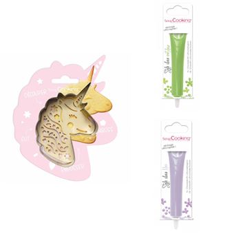 Kit pour biscuit en relief Licorne + 2 Stylos au chocolat vert clair et lilas - 1