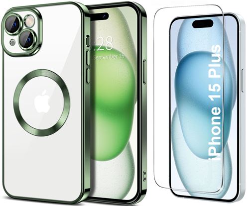 Coque Silicone Pour iPhone 15 Plus Couleur Vert Compatible Magsafe + Verre Trempe Protection Ecran Little Boutik®