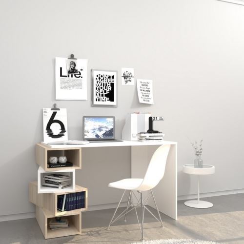 HOMEMANIA Bureau Damon avec Compartiments - pour Bureau, Chambre - Blanc, Sonoma en Bois, 120 x 60 x 75 cm